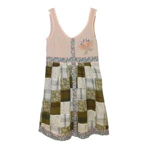 Humming Women Patchwork Floral Waffle Knit Mini Dress Green Tan Large Y2K